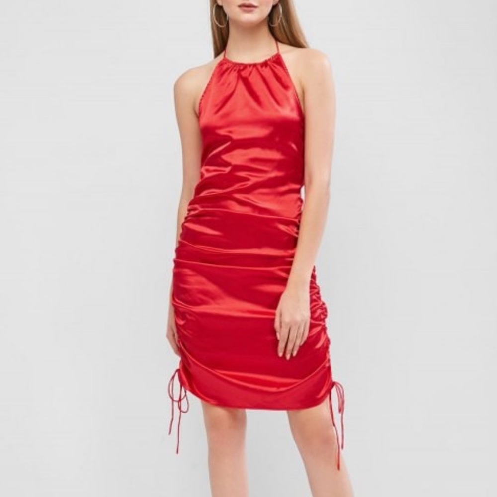 Zazul Satin cinched backless Halter tie dress